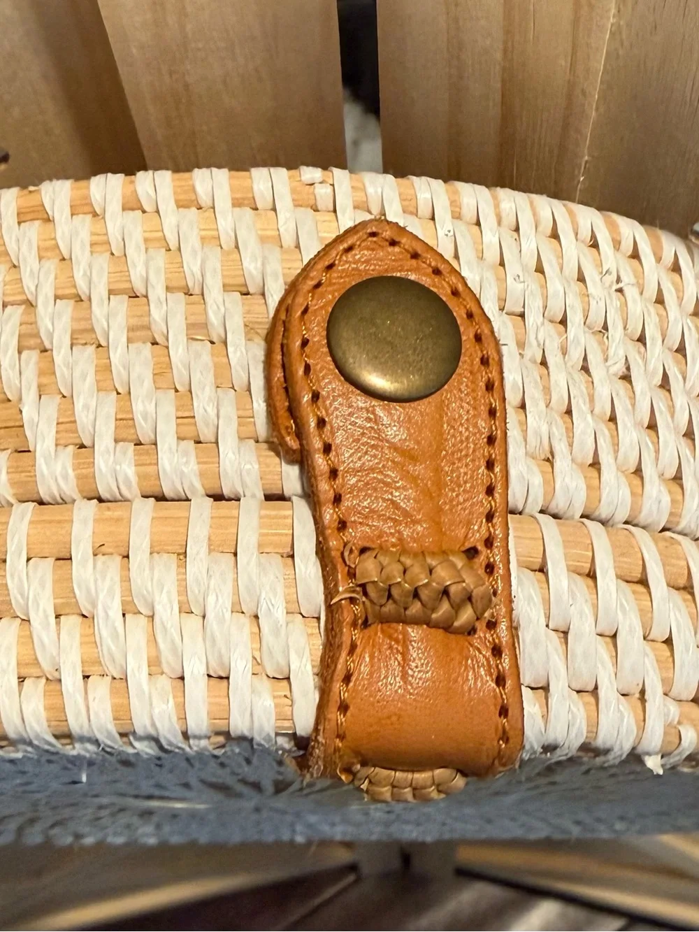 Women’s Round Woven Crossbody Bag — White with Tan Trim
